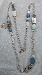 Long textured Link Barse faceted Blue Stones MOP 36” openwork scroll Necklace A9