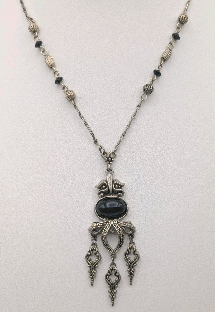 Ornate Statement Pendant Necklace Silver Tone 15″ Black Cabochon