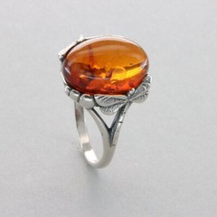 Oval Cognac / Brown BALTIC AMBER Dragonfly Ring 925 STERLING SILVER Poland #58e