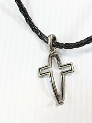 Artisan Black Leather Cord Silver Tone Cut Out Cross Pendant Necklace 20 Inches