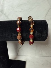set of 2 red brown, gold and amber tones beaded bracelets handmade