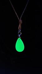 Uranium turquoise colored Czech glass bead 28mm teardrop pendant on tan cord 18″