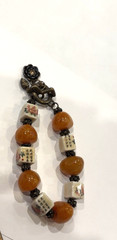 Asian Style Artisan Bracelet with Painted Ceramic Beads and Amber Colored Stones