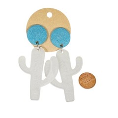 Handmade Resin Cyan Blue & White Cactus Dangle Earrings Western Desert Retro VLV