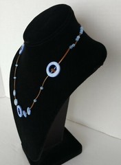 Periwinkle Blue and Brown Necklace , Agate & Shell With Copper Plated Tube Beads