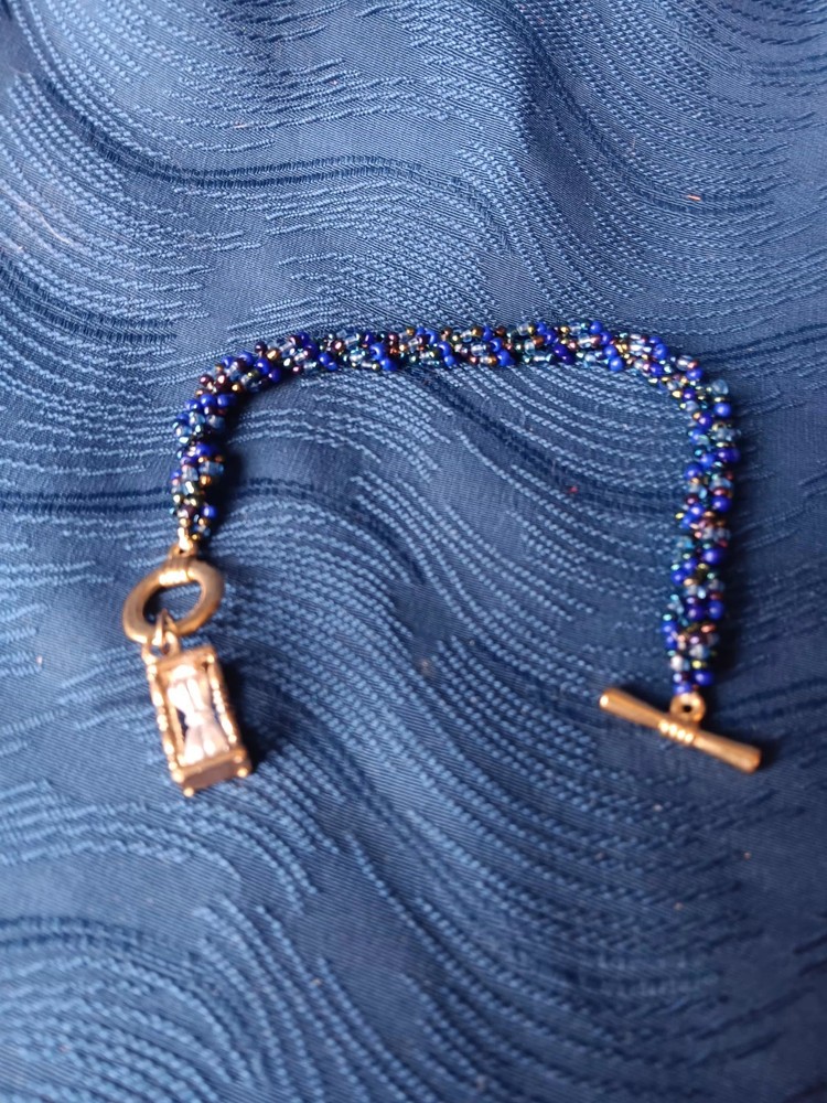 Handmade Blue Beaded Bracelet With Toggle Clasp And Hourglass Charm