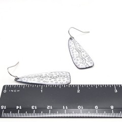 Handmade Artisan Enamel on Metal Drop Earrings White Black Pattern Blue Backing
