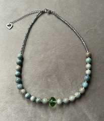 CERAMIC AND GLASS Beaded Choker Necklace 16” Stainless Steel Blue Green