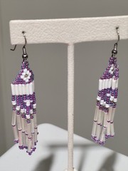 PURPLE AND WHITE BUGLE SEED BEADS HANDMADE BEADED EARRINGS 9cm/3.25″