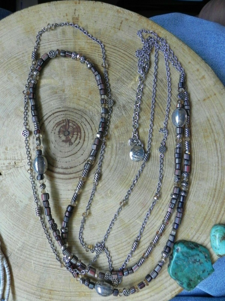 Brighton Your Heart~2 Strand Brown & Orange Beads & Silver Long Necklace 40-42″