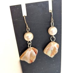 Artisan Crafted Mother Of Pearl Shell Faux Pearl Dangle Drop Hook Earrings