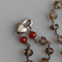 Stone Pendant Necklace Burnt Orange Smoky Brown Wire Wrapped Bead Chain 16”
