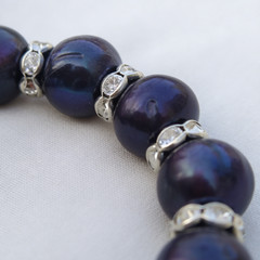 19cm Black Pearl Bracelet Crystal Zircon Spacers Silver-Tone Clasp Red Gift Box