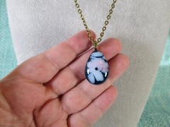 Fused Glass Pendant w/ 18″ Antiqued Brass Tone Cable Chain / White Blue Pink / N