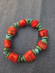 Beautiful Red Coral & Blue Turquoise Handmade Gemstone Stretch Bracelet 7…