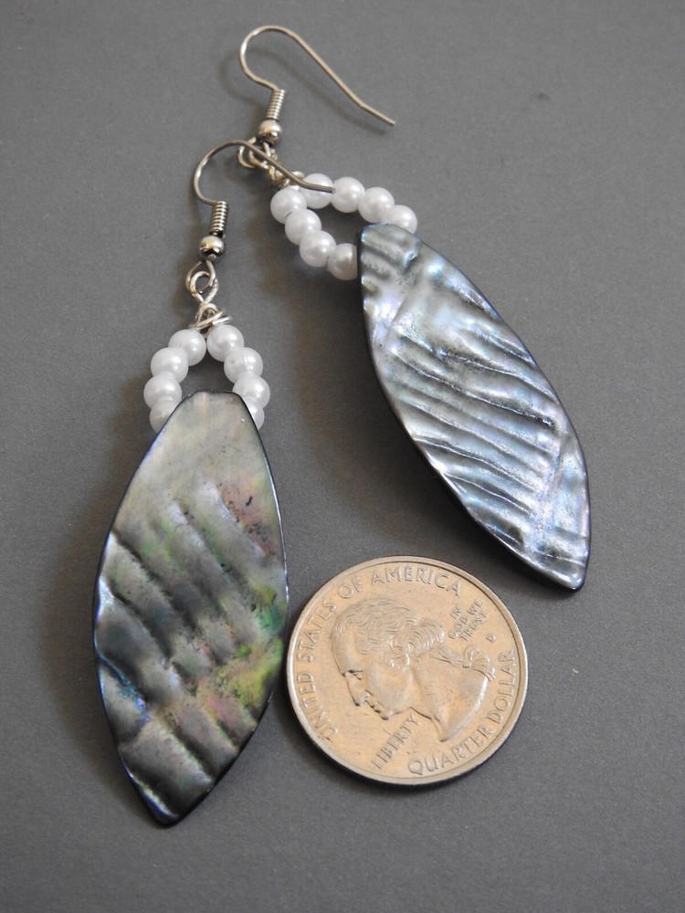 long MOTHER OF PEARL ABALONE pierced earrings w/faux pearls dangle