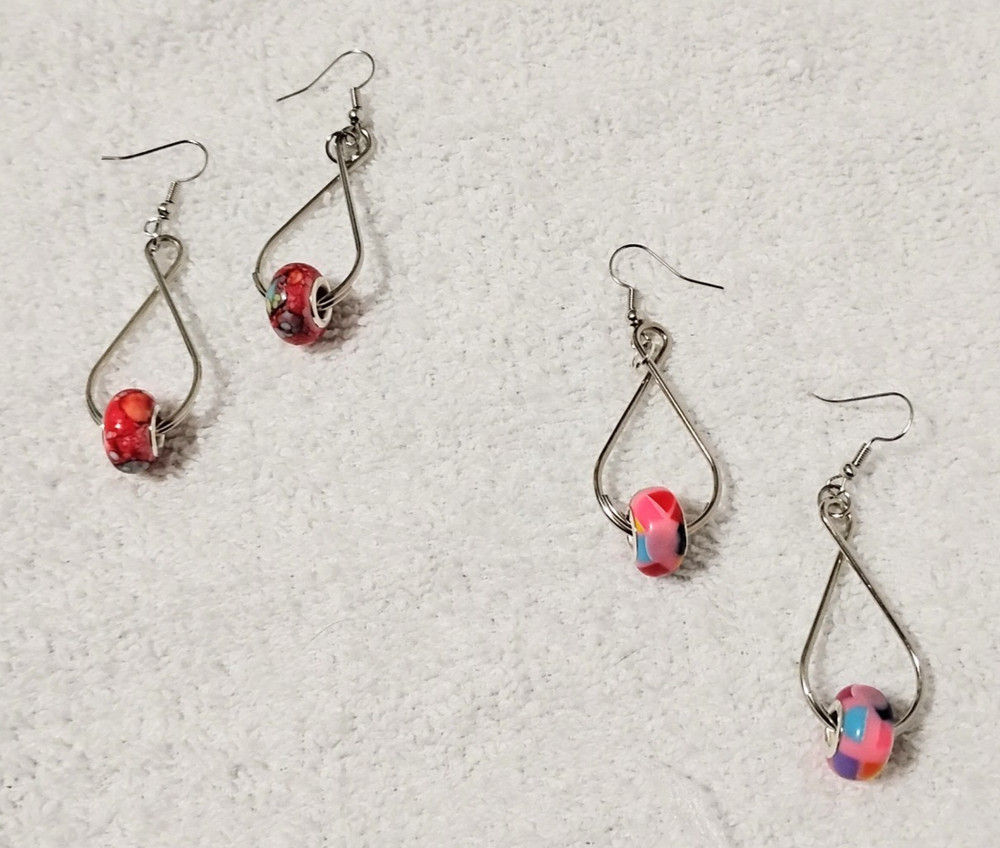 2 PAIR Unique Design Handmade European Glass Beads Silver Tone Dangle Earrings
