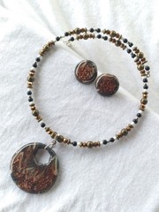 Handcrafted Bronze Copper Gold Beaded Polymer Clay Memory Wire Round Choker Set