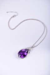 S925 Silver Water Drop Cut Natural Uruguay Amethyst Pendant, 19×45.5mm