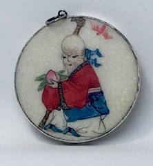 Hand Painted Shou Xing Silver Framed White Stone Pendant