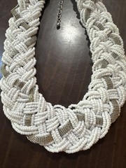 White Seed Bead Braided Statement Necklace Silver Mesh Summer Beachy
