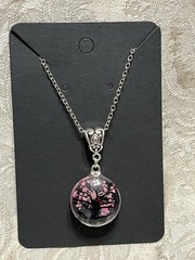Pendant Nature Flower Tree Lacework Glass Two Sided Silver 18” Boho Necklace