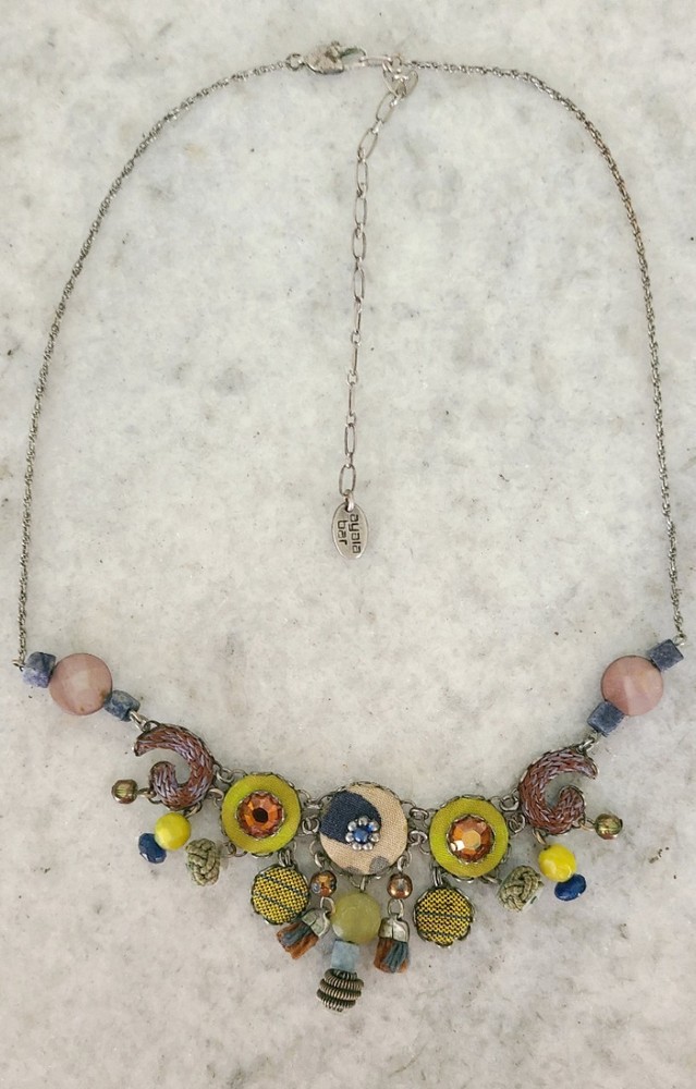Ayala Bar Signed Vintage Fabric and Crystal Necklace