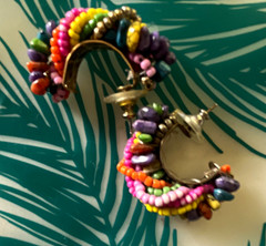 Vintage Handcrafted Multicolor Beaded Crescent Hoop Earring posts