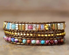 Boho Multi-Color Beaded 3-Layer Adjustable Rope Wrap Bracelet Heart Button Loop
