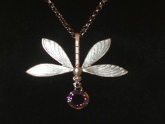 Artist Made Dragonfly Silver Copper or Antique Gold Necklace with Swarovski Ring