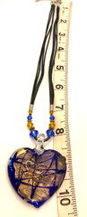 Hand Blown Art Glass Murano Style Heart Glass Pendant Necklace Dark Blue/Gold