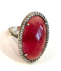 Natural Red Aventurine Ring 925 Sterling Silver, Possibly Cubic Zirconia Edging
