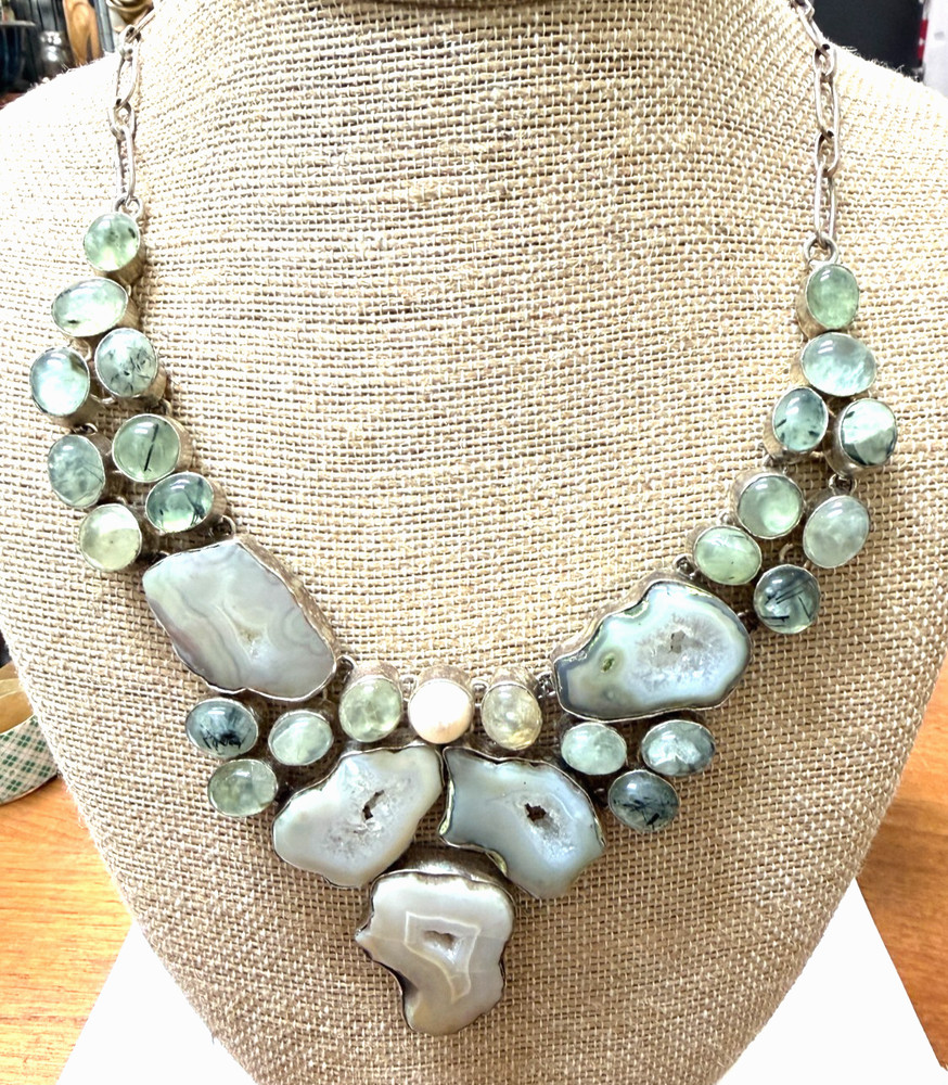 925 Silver Prehnite Agate Slice Bib Necklace Druzy Tourmaline Geode Boho Jewelry