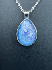 Custom sparkle, teal teardrop jewel pendant w/ silver plated chain costume