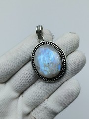 Blue Fire Moonstone Silver Pendant Necklace-NaturalWhite Rainbow Faceted Pendant