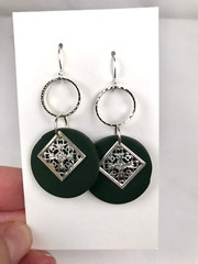 Handmade Green Clay with Detailed Squares & Hoops, Silver Plated Hooks