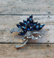 Dark blue crystal Heather Floral bouquet magnetic brooch. Equestrian brooch.