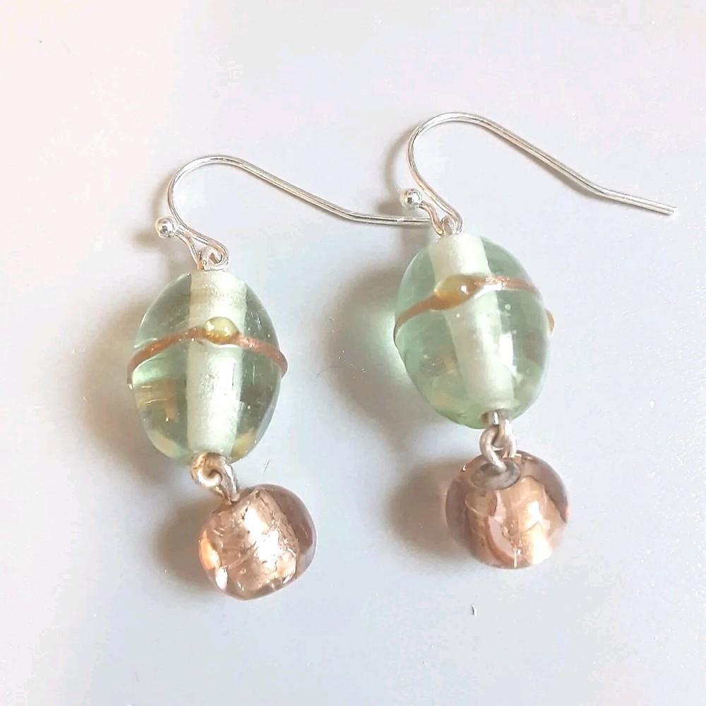 Vintage Foil Glass Bead Dangle Earrings 1.5 Inch