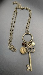 Skeleton Key Necklace -Button,Floral Charm,Red/Clear Glass Beads,Gold/Brass Tone