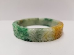 Carved Swirl Heat Treated Dyed Green Yellow Jade Bangle I.D. 60mm W. 6mm H. 15mm