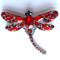 vintage RED DRAGONFLY faceted RHINESTONEs in GIFT BOX Silver Tone #BRO4