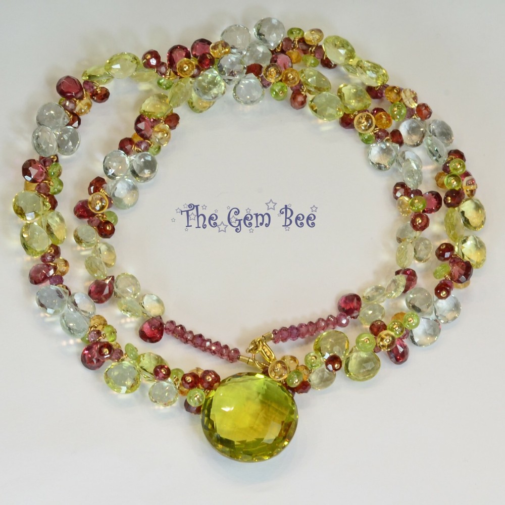 Lemon Quartz Prasiolite Garnet 19″ Cluster Necklace With 18K Solid Gold Clasp
