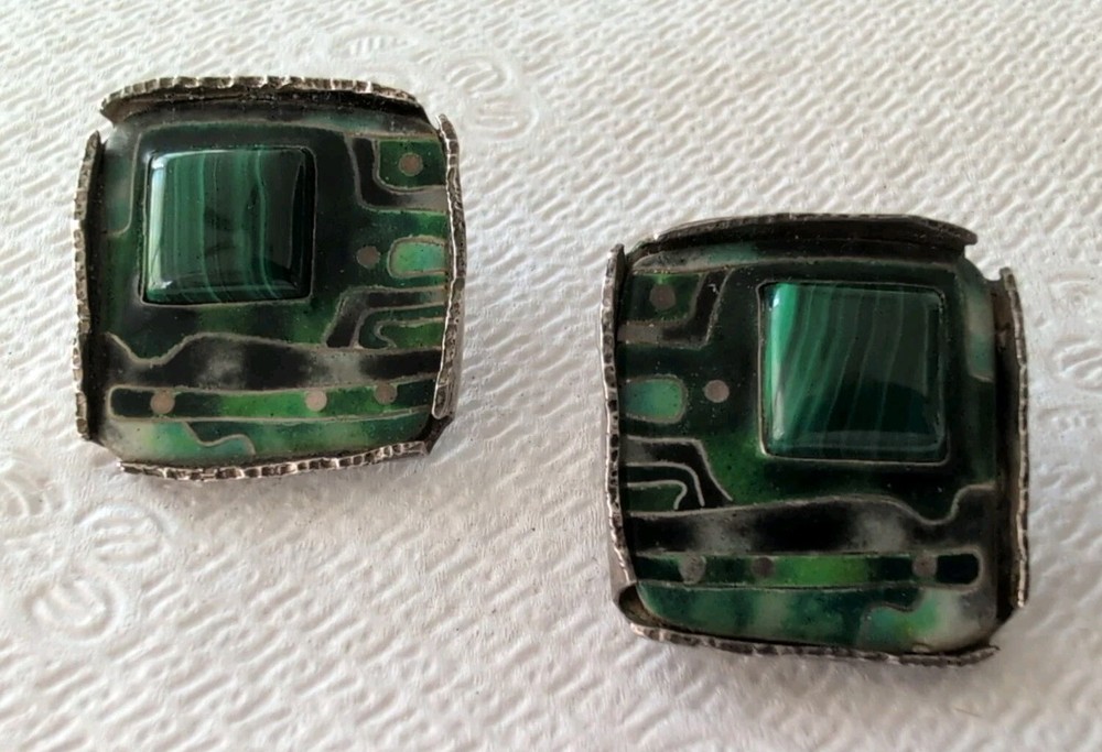 STERLING MALACHITE INLAY MODERNIST BRUTALIST CIRCUIT BOARD SIGNED EARRINGS-L@@K