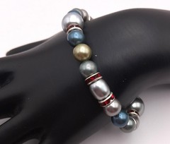 Enchanting South Sea Pearls Grays, Blues Red Accents Beaded Bracelet