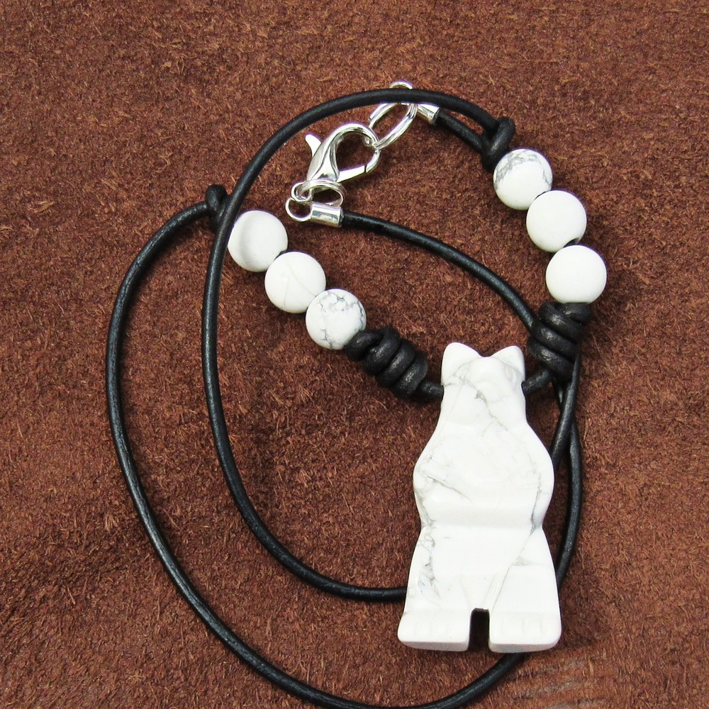 21 inches Carved Bear Totem Necklace White Howlite Real Stone Primitive Pendant