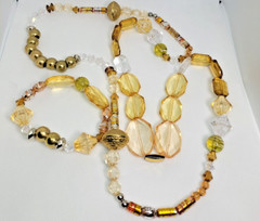 Necklace handmade, beaded jewelry set & bracelet, brown/gold, different material