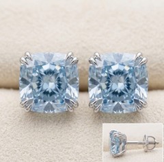 Certified 18 Ct Ice Blue Diamond Solitaire Studs, Cushion Cut, Gift For Love.