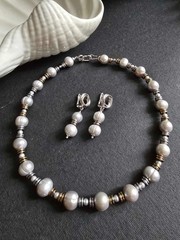 Natural Gray Freshwater Pearl Necklace Silver&Gold Rings 40cm + Earrings Gift