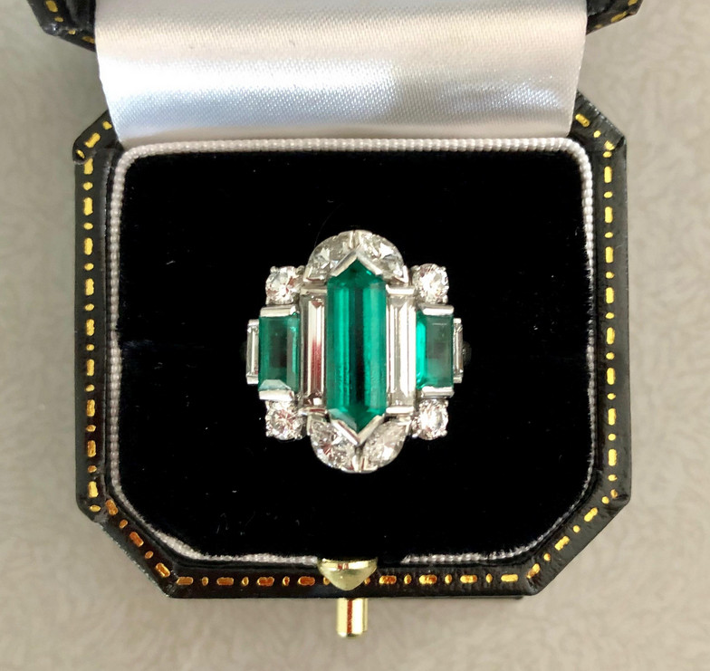 Fancy Cut Vivid Green 14.68CT Emerald With Old European Cut CZ Art Deco Ring