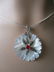 Mother Of Pearl sterling Silver Pendant Synthetic Ruby & Marcasite 1 3/4 inch
